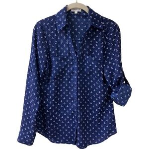 Nautical Coastal Old Money Yacht Club Travel Preppy Anchor Print Blouse XS Navy